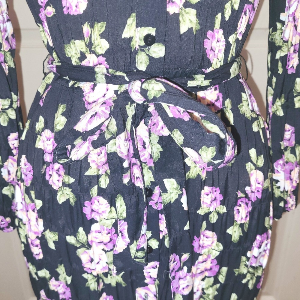 Zara Black Floral Button Down Belt Countrycore Prairie Boho Maxi Shirt Dress L - Picture 4 of 11